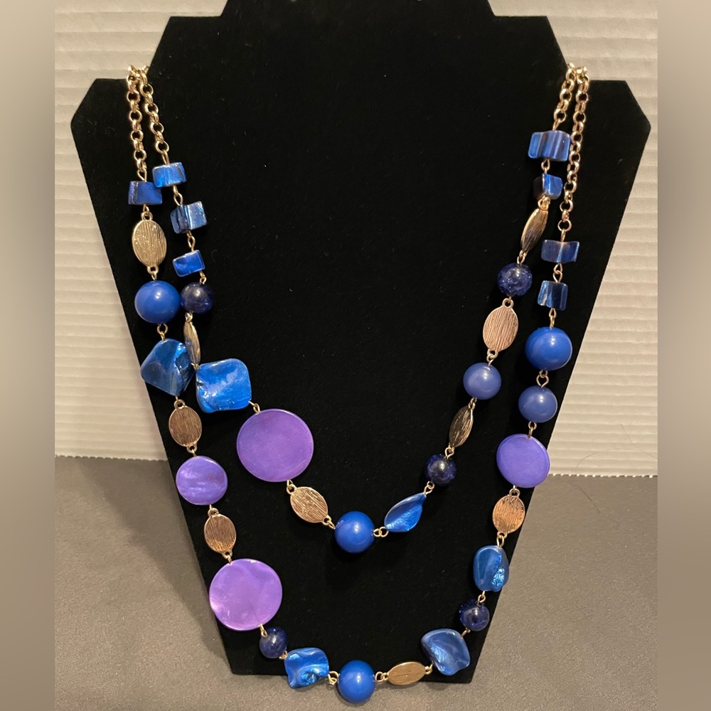 Purple, Blue beaded multi strand statement necklace w/ earring set